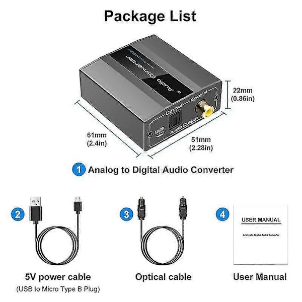 Analog til Digital Lydkonverter RCA til Optisk med Optisk Kabel Lyd Digital Toslink og Coaxi-Xin