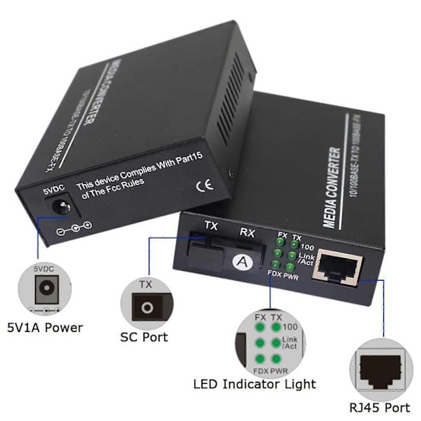 Fiber Ethernet Media Converter, Single-Mode 10/100Base-TX till 100Base-FX, RJ45 till SC, Fiber Transceiver Upp till 25KM (1 Par)-xindaren