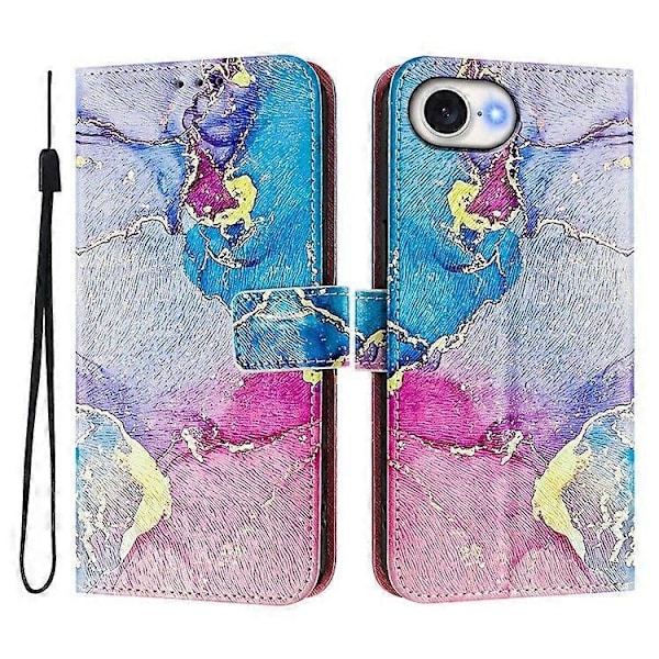 PU Läder Skyddande Telefonfodral för iPhone 16e, Mönstertryck Kortplats Ställ Telefonskal med Snodd-Xin Pink Marble
