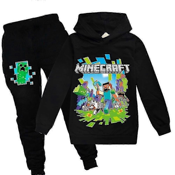 Minecraft Tryck Barn Träningsset Sport Casual Hoodie Byxor Outfits-xindaren Black 13-14 Years