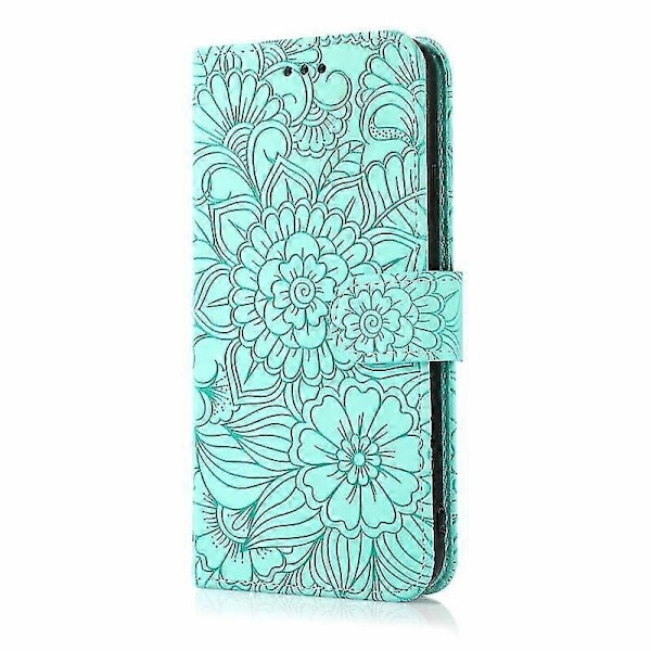 Kompatibel med Iphone 12 Skin Feel Präglad Solros Horisontell Flip Läderfodral med Hållare & Kortfack & Plånbok & Snodd-xindaren Green
