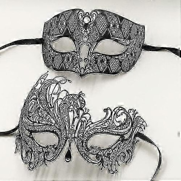 Svart Silver Guld Metall Filigran Laser Skuren Par Venetian Mask Bröllop Boll Mask Halloween Maskerad Kostym Mask Set - Xin Black Clear Diamond