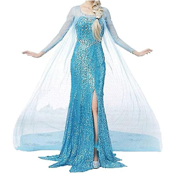 Frozen Elsa Prinsesse Lang Kjole Paljet Mesh Elsa Kostume Voksen Snedronning Kostume Festkjole Halloween Karneval Cosplay-Xin XS