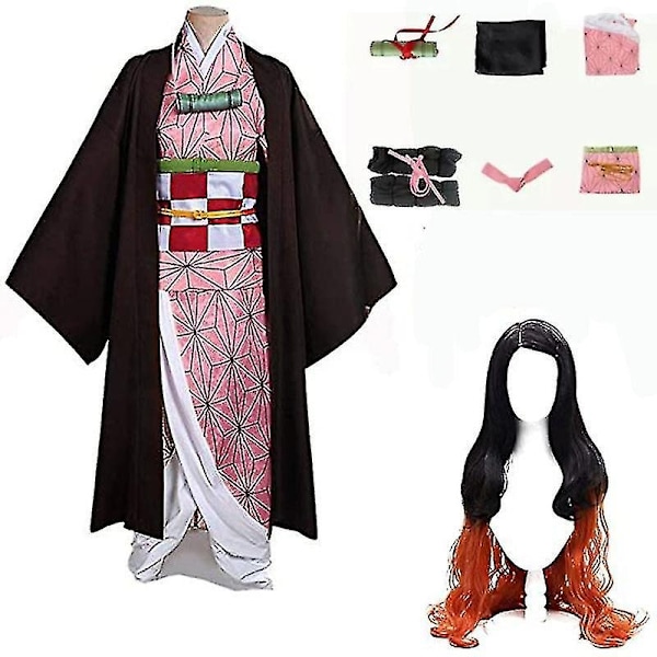 2023 - Demon Slayer Bror og Søster Kamado Nezuko Cosplay Kostume Outfit Kimono Anime Kostume Paryk - Wig-e-Xin Nezuko and wig 110cm(child size)