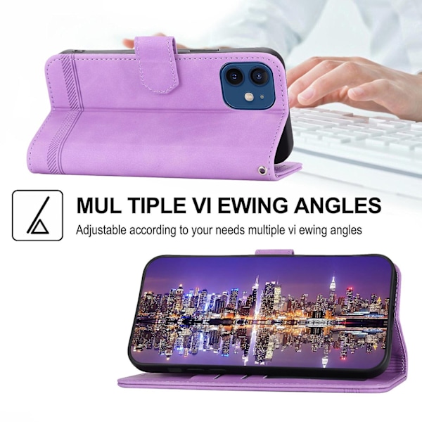 iPhone 12 Fodral, Läderplånboksfodral (med axelrem) - Xin Purple