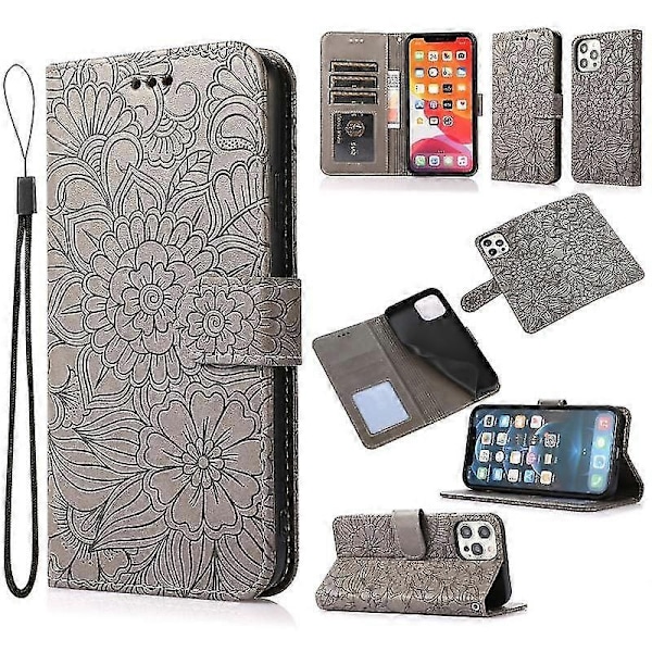 Kompatibel med Iphone 12 Skin Feel Präglad Solros Horisontell Flip Läderfodral med Hållare & Kortfack & Plånbok & Snodd-xindaren Gray