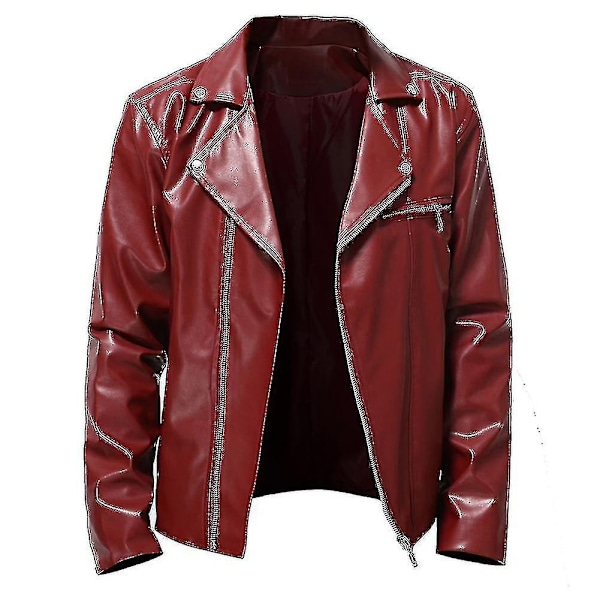 Mænds Efterår Pu All-match Casual Lapel Motorcykel Læderjakke-Xin Red S