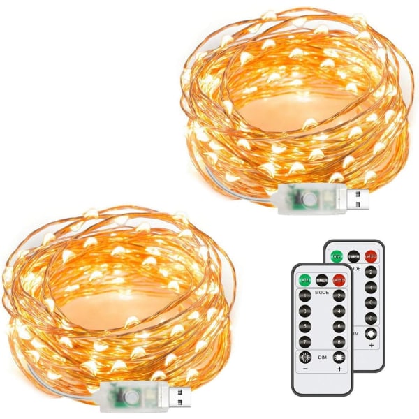 USB Fairy String Lights, 2-pack Starry Lights med fjärrkontroll, vattentäta kopparljus (varmvita)-Xin