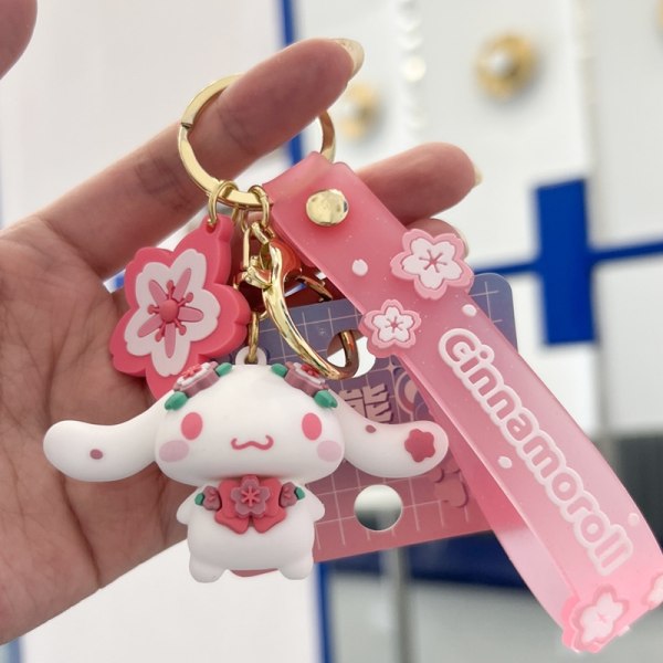 Rosa Sakura tecknad nyckelring, Kawaii söta nyckelringar väska charm armband-Xin big eared dog