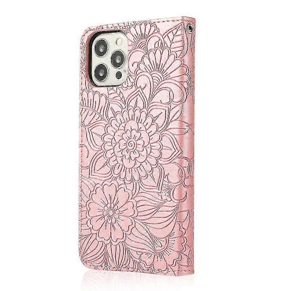 Kompatibel med Iphone 12 Skin Feel Präglad Solros Horisontell Flip Läderfodral med Hållare & Kortfack & Plånbok & Snodd-xindaren Rose gold