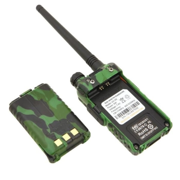 Baofeng UV-5R Walkie Talkie FM VHF/UHF Radio med dobbeltbånd, display, standby og innebygd klokke (hodesett lagt til, kamuflasje)-Xin