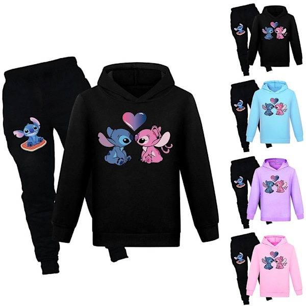 Barn Lilo & Stitch Hoodie Sweatshirt Byxor Set Pojkar Flickor Casual Hooded Tracksuit Svart-Xin Black 140cm