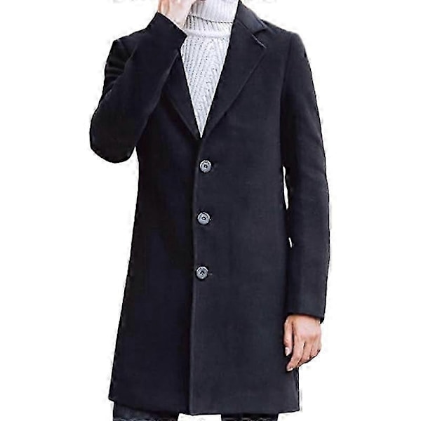 Mænds trenchcoat med revers, enkeltknappet, lang peacoat jakke - Xin BLACK S