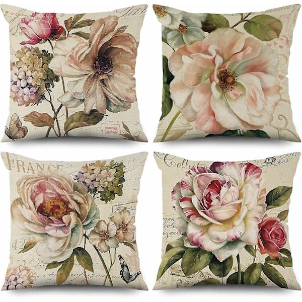 Set med 4 Retro Ros Blomma Beige Soffkuddar Tvättbar Polyester Linne Textil Dekorativ-xindaren