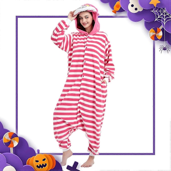 Aikuisille tarkoitetut yhden osan pyjama-asu eläinaiheisella kuviolla, Halloween-asu, joulupyhän pyjama-asu, yhden osan asu - Xin Pink Cheshire Cat X-Large