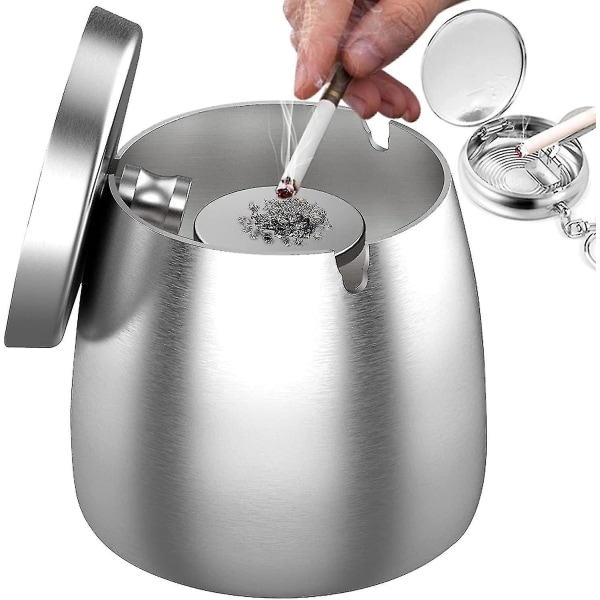 Rostfritt askfat med lock Outdoor vindtät askfat med halkfri bas för utomhus- och inomhusbruk Silver-Xin Silver M