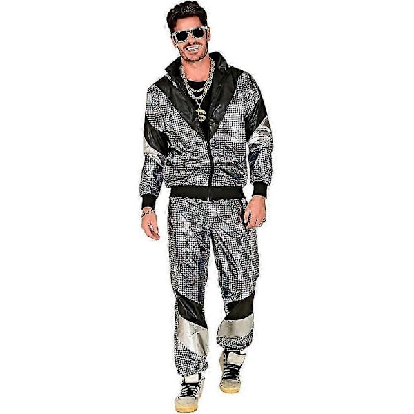 Mænd Kvinder 80'er 90'er Hip Hop Windbreaker Disco Jakke Bukser Retro Træningssæt-Xin Silvery White XL