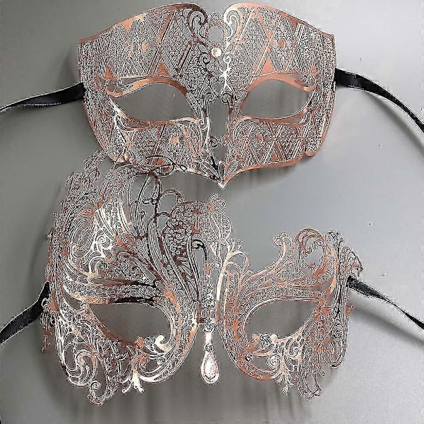 Svart Silver Guld Metall Filigran Laser Skuren Par Venetian Mask Bröllop Boll Mask Halloween Maskerad Kostym Mask Set - Xin Silver Clear Diamond