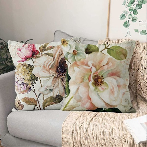 Set med 4 Retro Ros Blomma Beige Soffkuddar Tvättbar Polyester Linne Textil Dekorativ-xindaren