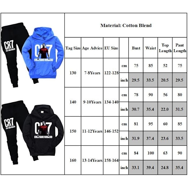 CR7 Ronaldo Poikien Urheiluvaatteet Jalkapallo Huppari Huppareita Huppareita Yläosa + Housut Set Musta-Xin Black 130cm