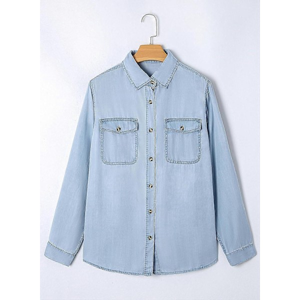 Dame Skjorte med Knapper i Denim, Casual Langermet V-Hals Chambray Bluse Topp - Xin Beau Blue Small