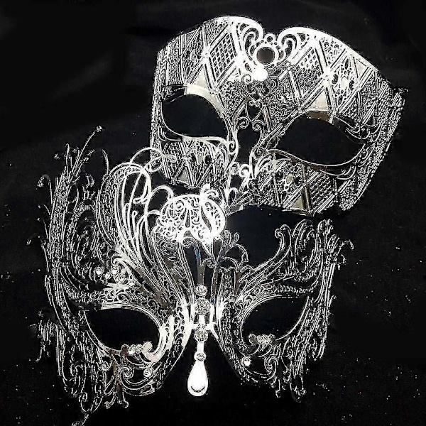 Svart sølv gull metall filigran laserkuttet par venetiansk festmaske bryllupsballmaske halloween maskerade kostymemaske sett - Xin Black Clear Diamond