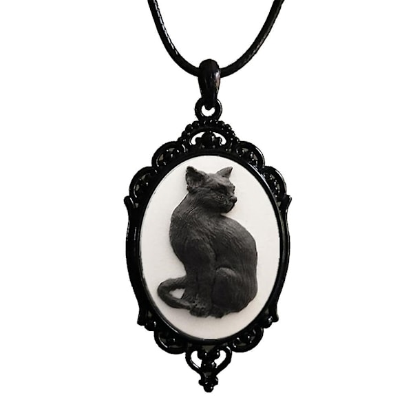 Gotisk Oval-Ram Hängsmycke Halsband Unikt Svart Katt Kameo Halsband-Mystisk-Xin Black