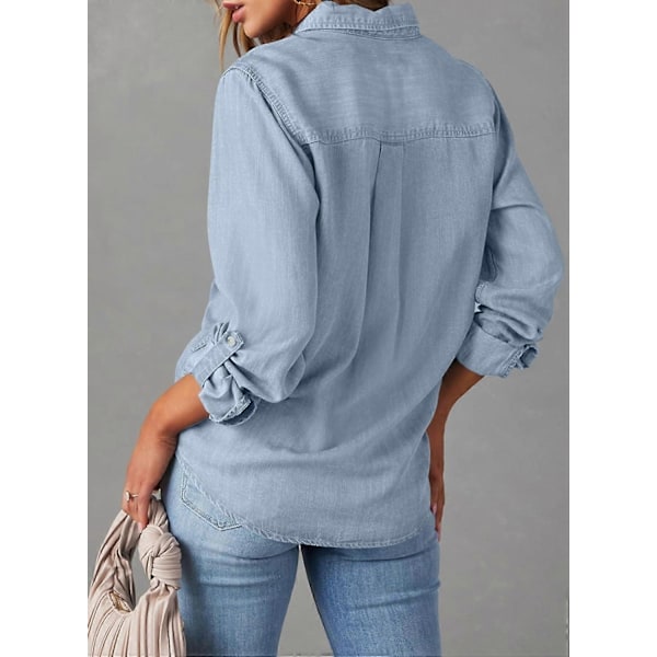 Dame Skjorte med Knapper i Denim, Casual Langermet V-Hals Chambray Bluse Topp - Xin Beau Blue Medium