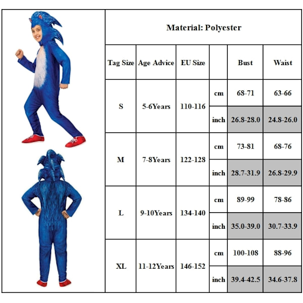 Sonic the Hedgehog Cosplay-kostyme for barn, gutter og jenter - Heldrakt + maske + hansker 10-14 år = EU 140-164 - Perfekt heldrakt + hette + hansker-Xin Jumpsuit+huva+handske 9-10 år = EU 134-140