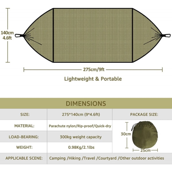 Ultralett reisehøyde med myggnett | Belastningskapasitet 300 kg, pustende nylon | Inkluderer 2 høykvalitets karabinkroker, 2 nylon-Xin Camouflage
