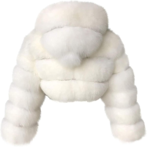 Faux Fur Pels Dame med Hætte Cropped Bubble Frakker Fleece Kort Varm Jakker Plus Size Vinterfrakker til Kvinder-Xin White X-Large