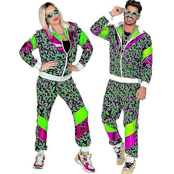 Mænd Kvinder 80'er 90'er Hip Hop Windbreaker Disco Jakke Bukser Retro Træningssæt-Xin Green Leopard Print XL