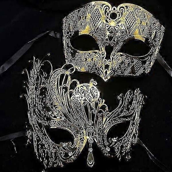 Svart Silver Guld Metall Filigran Laser Skuren Par Venetian Mask Bröllop Boll Mask Halloween Maskerad Kostym Mask Set - Xin Gold