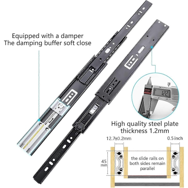 Kugleleje Skuffeskinner, Soft Close 450mm, 45kg Belastning, 2 Par (4 stk) - Xin