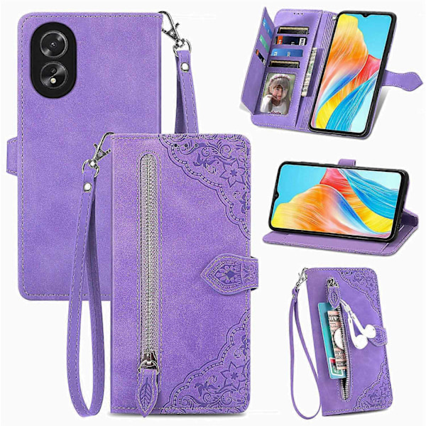 Kompatibel med Oppo A38 4G/ A18 4G Deksel Blomsterpreget Lær Glidelås Lommebok Telefondeksel-xindaren Light Purple