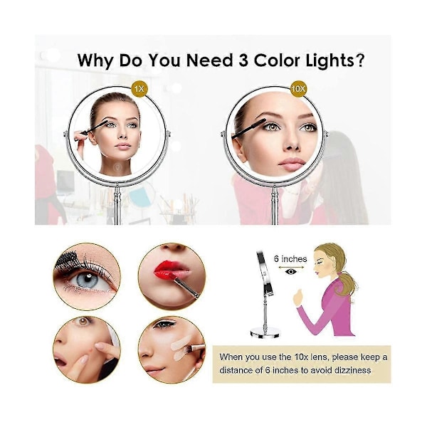10X LED Spejl Genopladeligt Makeup Spejl, 3 Farver, Justerbar Lysstyrke Forstørret Makeup Spejl 2 Sider - C-Xin