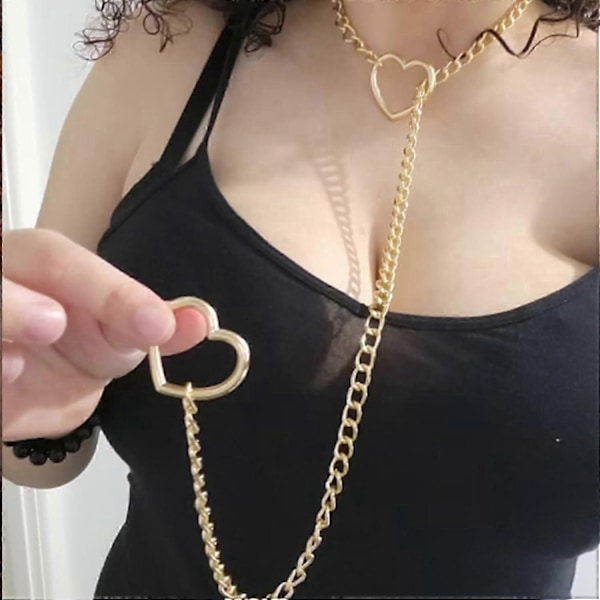 Hjerte O-ring Slip Kæde Halskæde til Kvinder Rustfrit Stål Cubansk Kæde Hjerte Halskæde Punk Rock Krave Halskæde Håndlavet Justerbar Lariat-Xin Gold