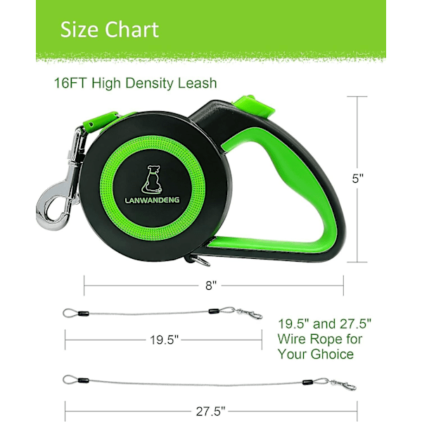 SDIGV Tyggebestandig Teleskopisk Hundelina med 2 Slitsterke Anti-Tygge Wiretau, 16FT Linjer 360 Tangle Free for 2 Hunder, Dobbel Hundelinje -Xin Green L