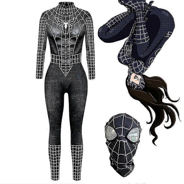 Sexy Bodysuit Sort Spider Woman Spandex Jumpsuit Halloween Cosplay Kvinder Superhelt Kostume-Xin Mask XL