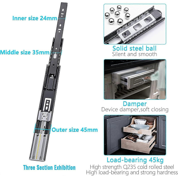Kugleleje Skuffeskinner, Soft Close 450mm, 45kg Belastning, 2 Par (4 stk) - Xin