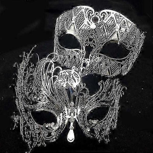 Svart Silver Guld Metall Filigran Laser Skuren Par Venetian Mask Bröllop Boll Mask Halloween Maskerad Kostym Mask Set - Xin Silver Clear Diamond