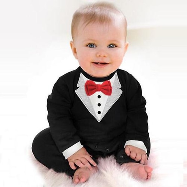 Spædbarnsdreng Formel Dragt Tuxedo Romper Bryllup Fest Jumpsuit Tøj-Xin Black Suit With Red Bow Tie 6-12 M