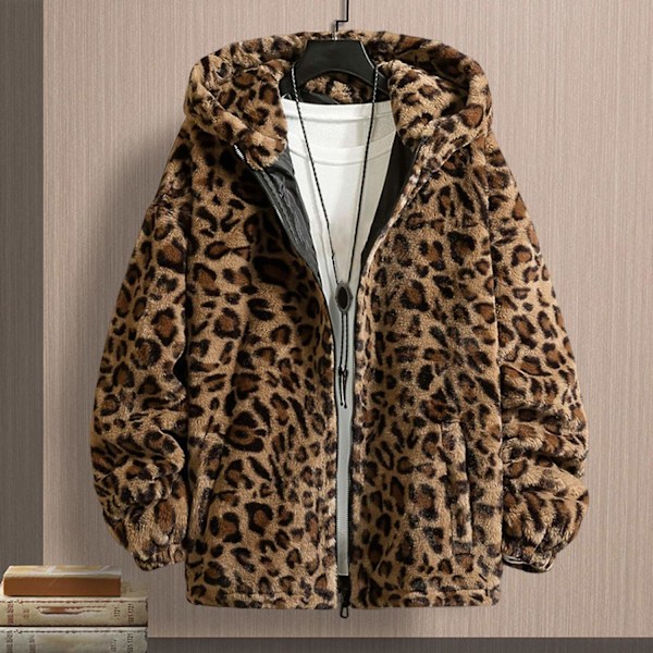 Leopard Print Langærmet Lomme Lynlås Lukning Herrejakke Vinter Fortykkede Dobbeltsidet Plys Hættejakke-Xin XL