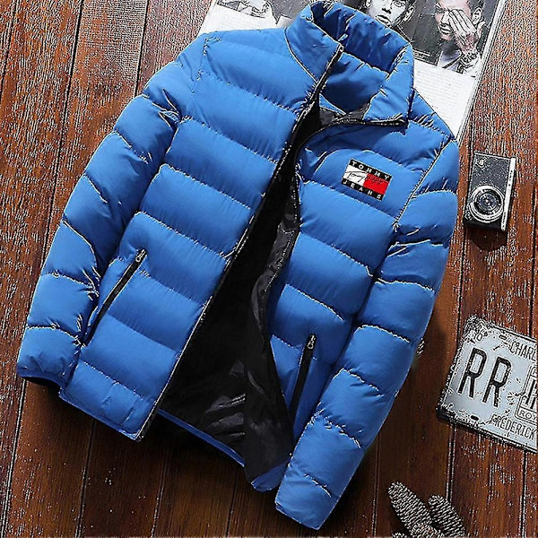 Mænds Vatteret Frakke Mellem Lang Tyk Dunjakke Vinter Varmt Jakke Slank Pasform-Xin Blue 5XL