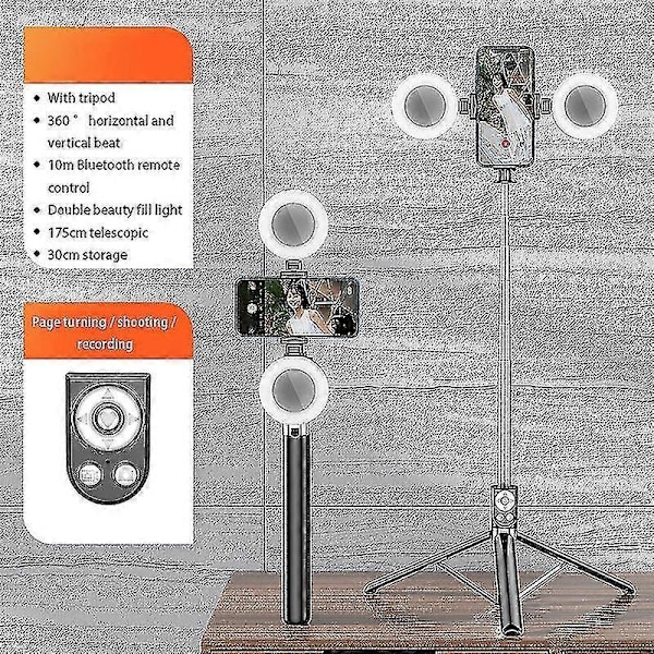 R17ds 1,75 m kannettava Bluetooth selfiekeppi sisäänvedettävä kolmijalka puhelinjalusta kaksoistäyttövaloilla 360 astetta pyörivä valokuvaus suoratoisto -Xin Black