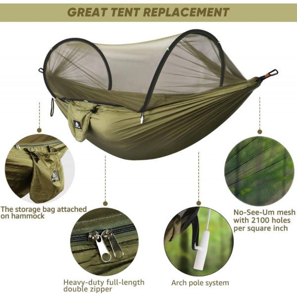 Ultralight Travel Hammock Mosquito Net Hammock | Kantavuus 300 kg, hengittävä nylon | Mukana 2 korkealaatuista karabiinia, 2 nylo-Xin Army Green