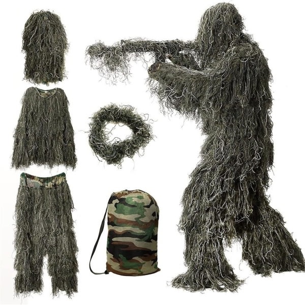 5 i 1 Ghillie kostym, 3d kamouflage Jaktkläder inklusive jacka, byxor, luva, bärväska Grön 1,6m-Xin