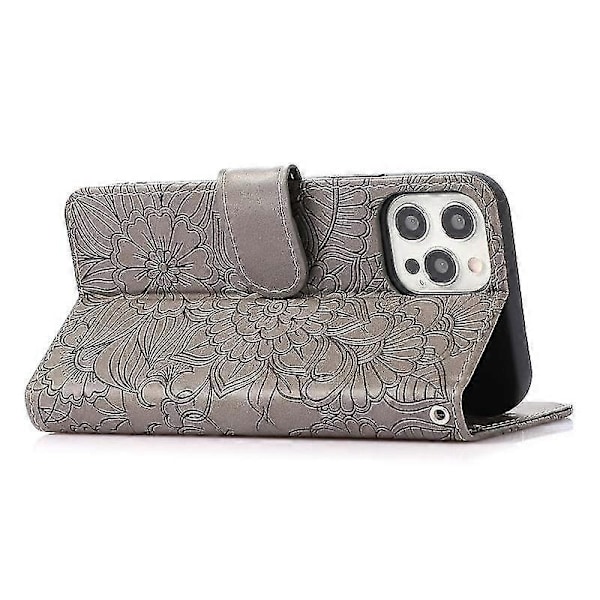 Kompatibel med Iphone 12 Skin Feel Præget Solsikke Horisontal Flip Læderetui med Holder & Kortpladser & Pung & Lanyard-xindaren Gray