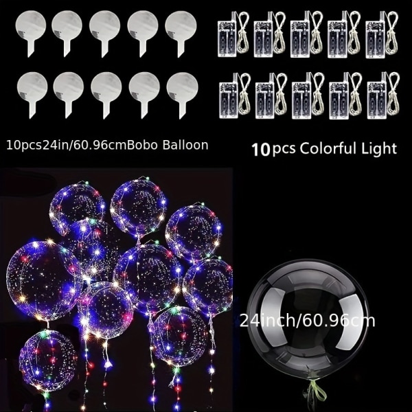 10 stk., Nye 20\" LED-balloner Transparente Helium Bobo-balloner, Glow Bobo-balloner med lysstrenge til Valentinsdag -Xin Colorful 10 Packs