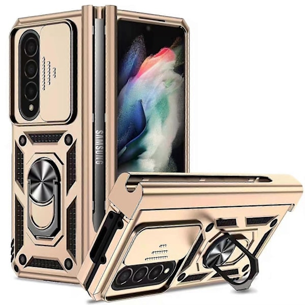 Armor Skal Kompatibelt med Galaxy Z Fold 4, Hårt PC Stötsäkert Skal med Metallringhållare & S Pen Hållare-Xin Gold